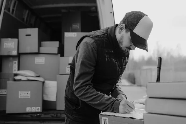 General pre-shipment inspection solutions - Black-and-white image of a courier documenting package details by a delivery van.