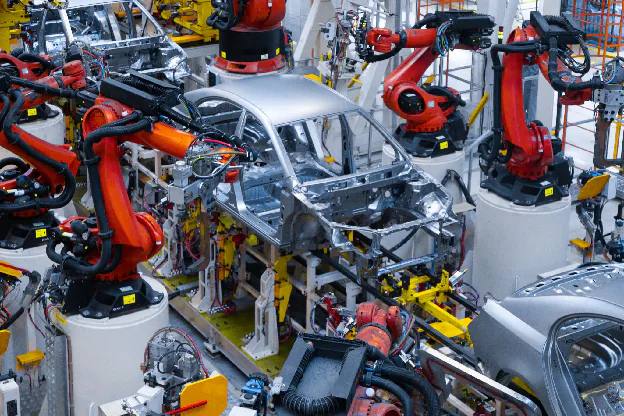 Automotive OEM assembly line with robotic arms building a car body
