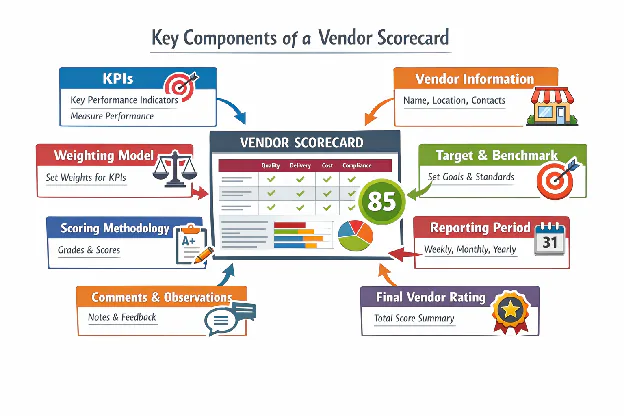 A descriptive image that shows the components, or what should be in a vendor scorecard