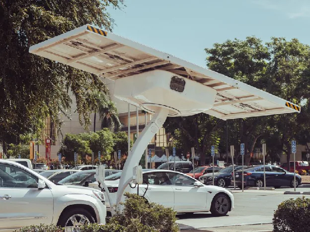 General ev charger from china solutions - Modern solar-powered charging station for electric vehicles on a sunny day.