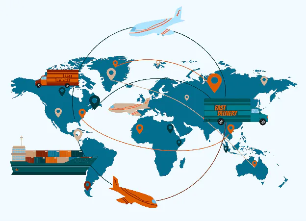 Global sourcing illustration showing a world map with location pins and shipping routes.