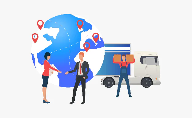 Global sourcing illustration with a globe, location pins, and a delivery truck.